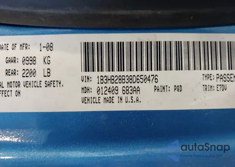 2008 Dodge Caliber Se z USA, uszkodzony, nr VIN 1B3HB28B38D650476